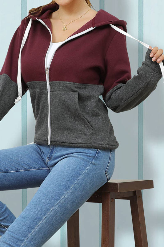 CWOHOL215-P_2 COLOR BLOCK ZIP-UP 2 SIDE POCKETS HOODED