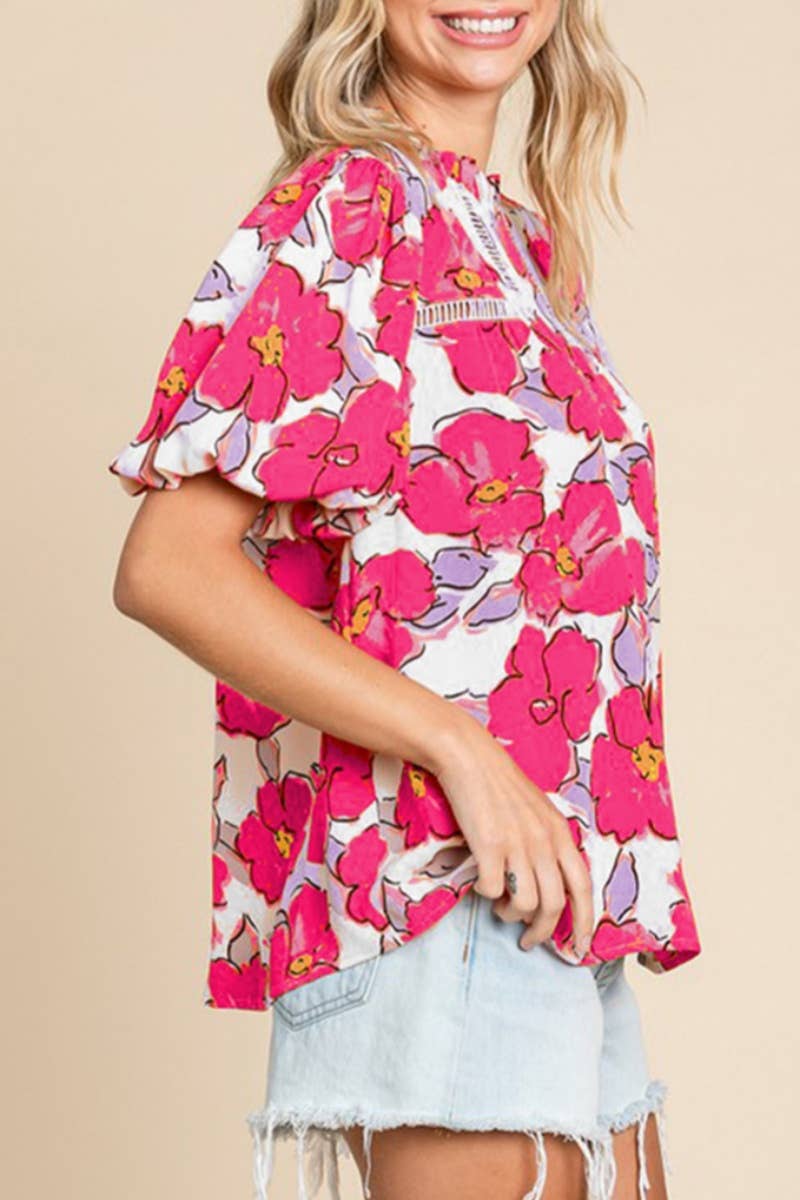 CWTBLS1376_ROUND NECK FLORAL PRINT SHORT-SLEEVED CASUAL TOP