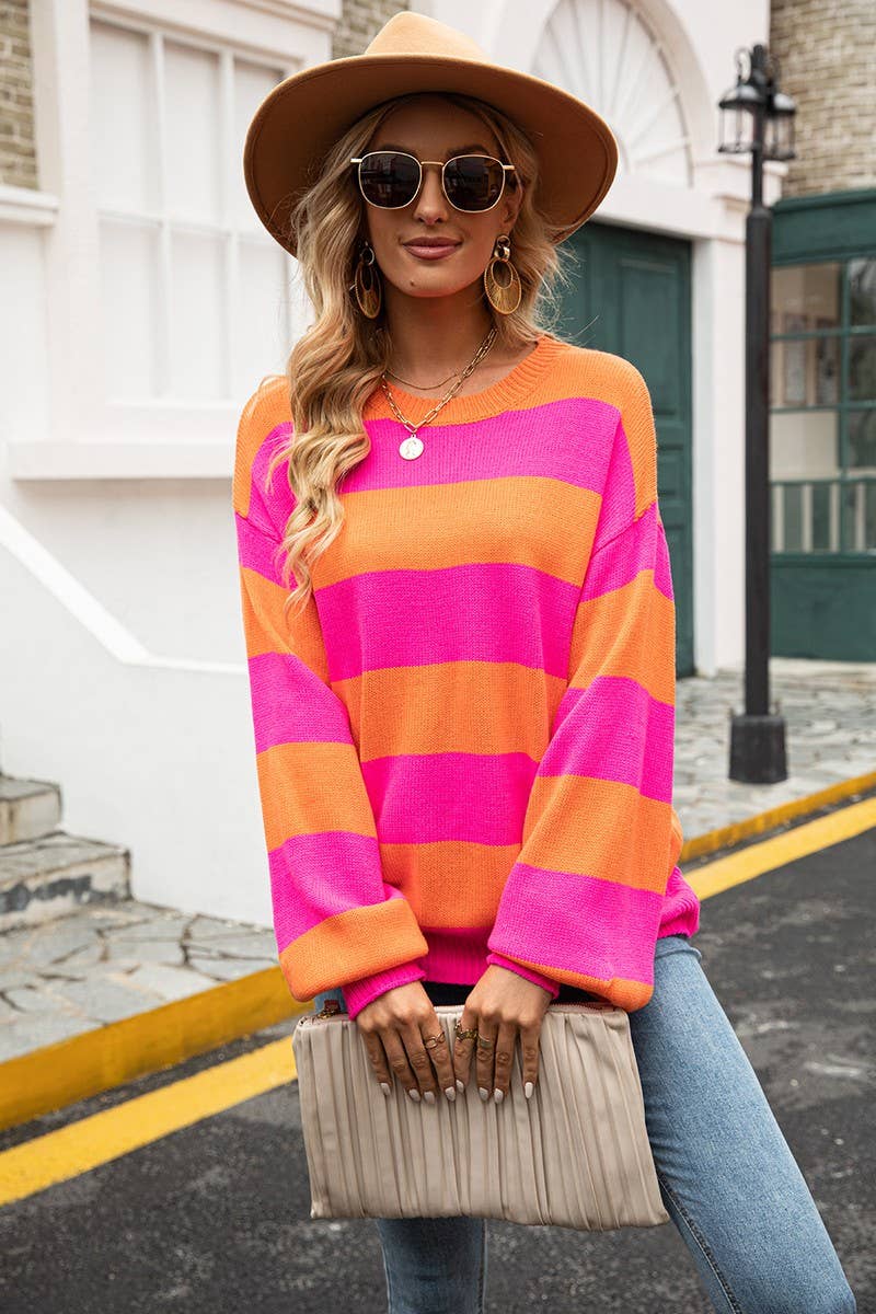 CWOSWL3148_STRIPED CONTRAST CREW NECK KNITTED LOOSE SWEATER