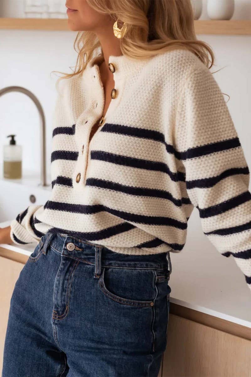 CWOSWL6961_STRIPED PULLOVER BUTTON-DOWN KNITTED SWEATER