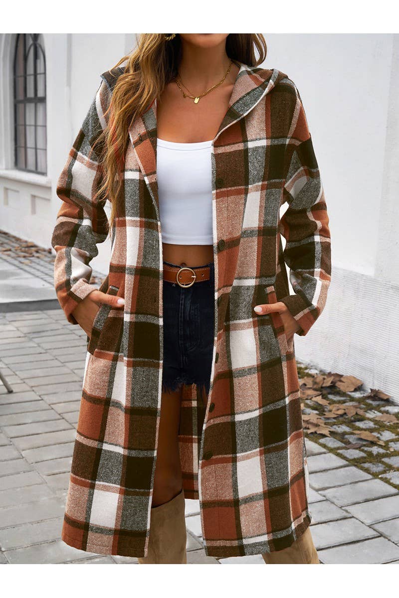 CWOCO0235_Casual Plaid Button Hooded Long Coat