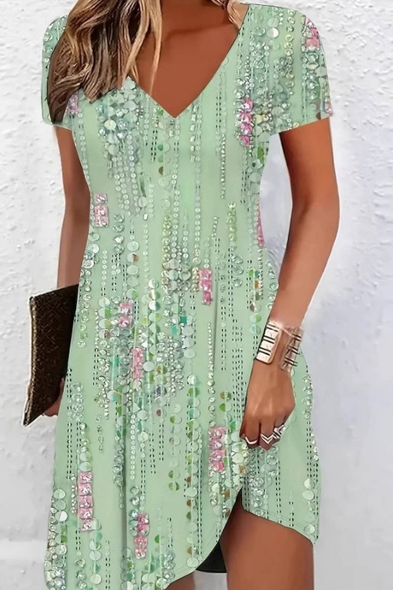 CWDSD10875_CASUAL V-NECK PRINTED SHORT-SLEEVED DRESS