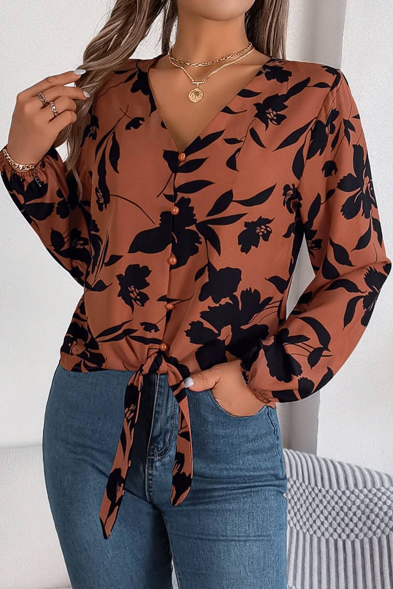 CWTSTL1511_CASUAL LONG SLEEVE FLOWER PRINT CHIFFON SHIRT TOP