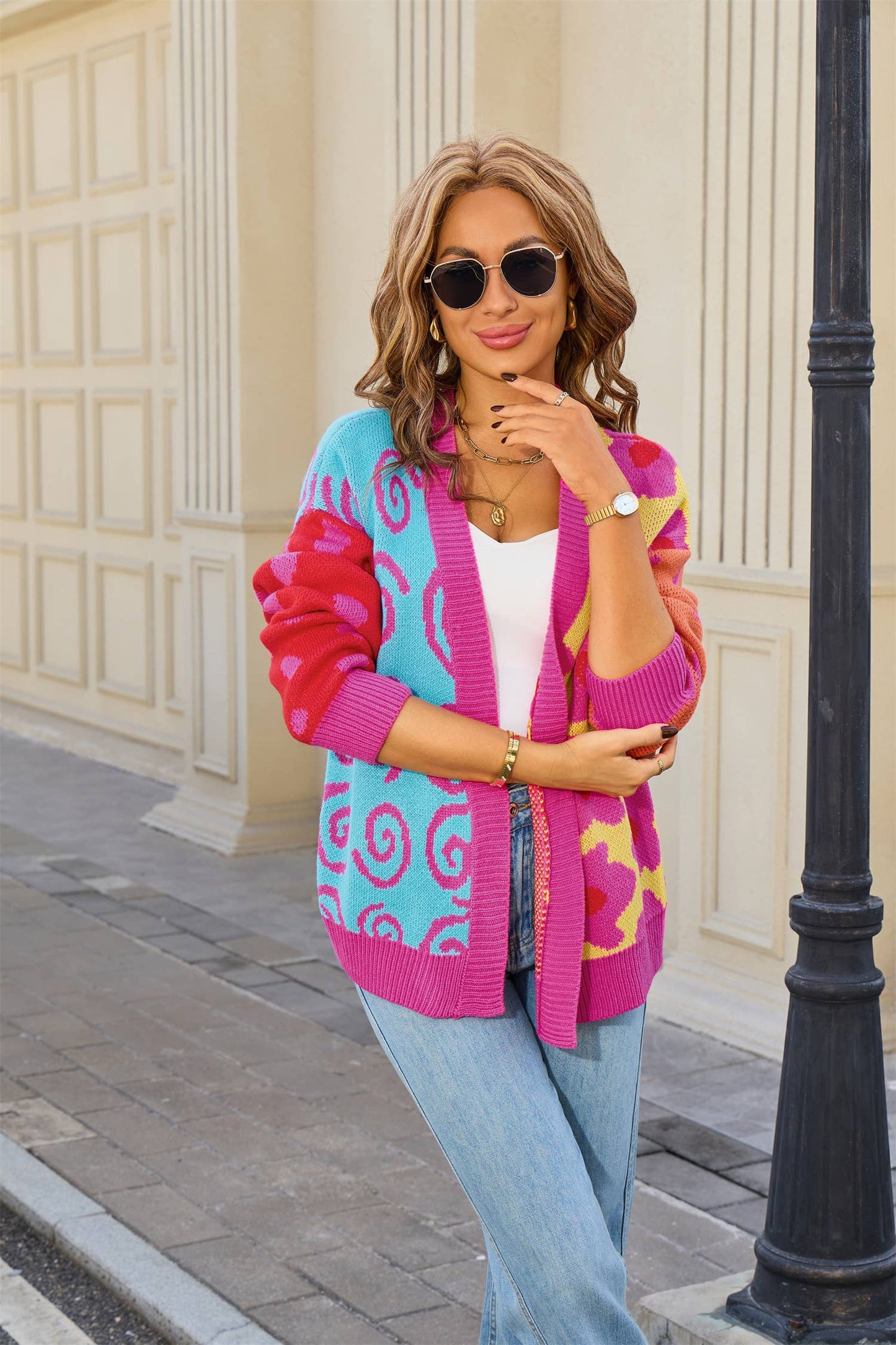 Color-blocking loose,buttonless knitted cardigan