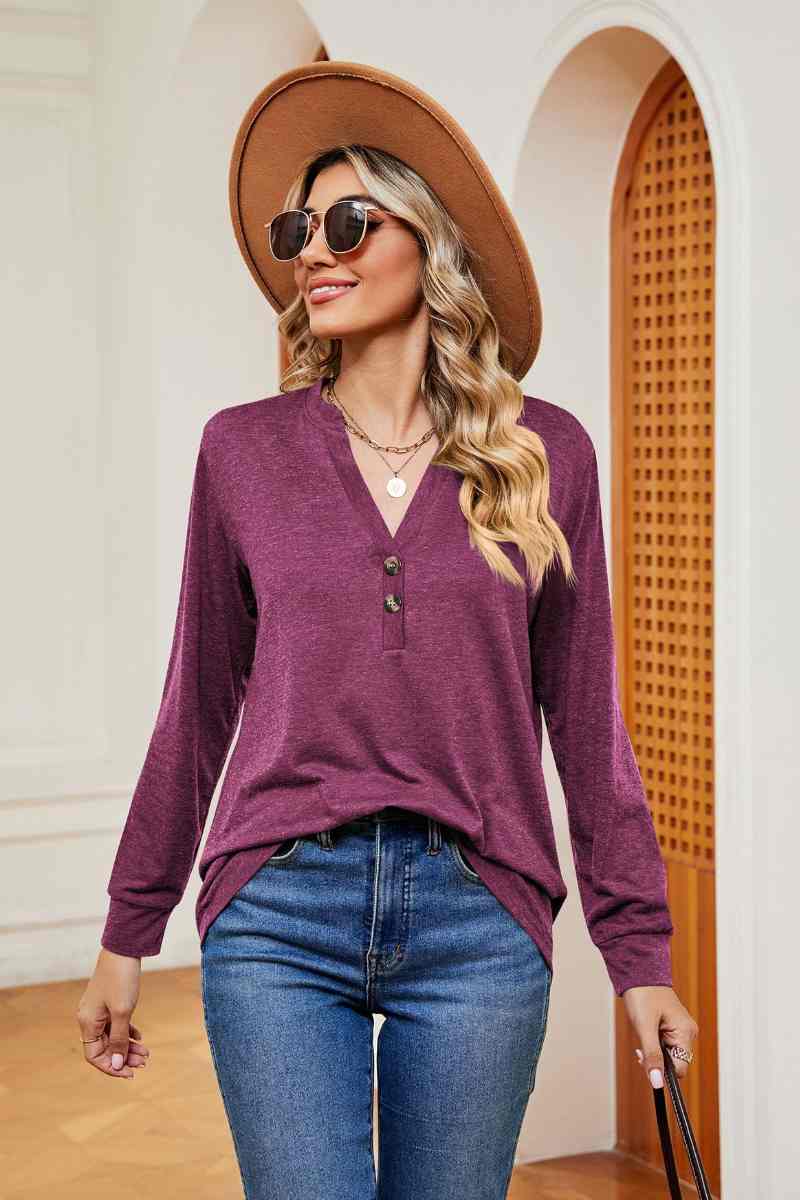 CWTBLL2834_V-NECK BUTTON-UP LONG-SLEEVED BAGGY TOP