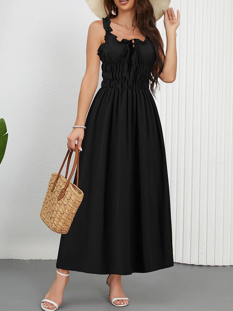 Casual Solid Color Waist-Tie Long Maxi Dress