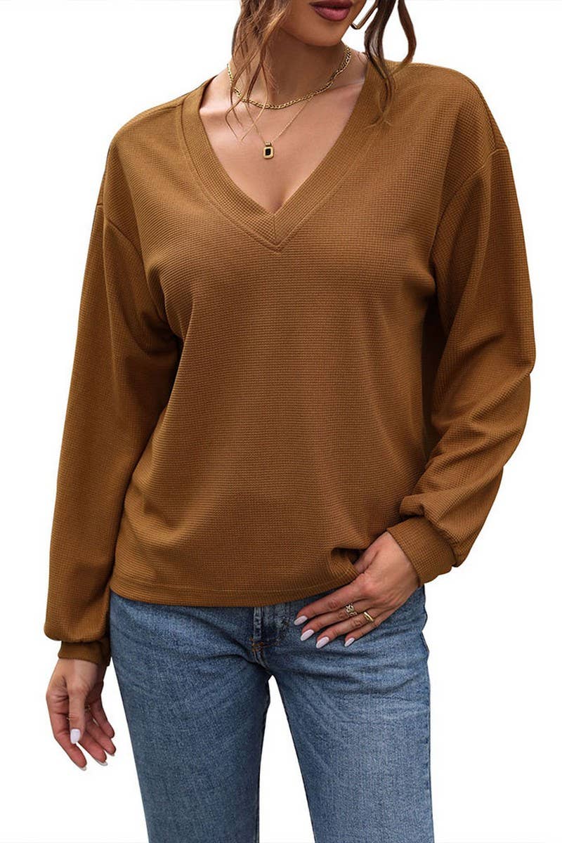 CWTBLL1243_WAFFLE V-NECK LONG-SLEEVED T-SHIRT