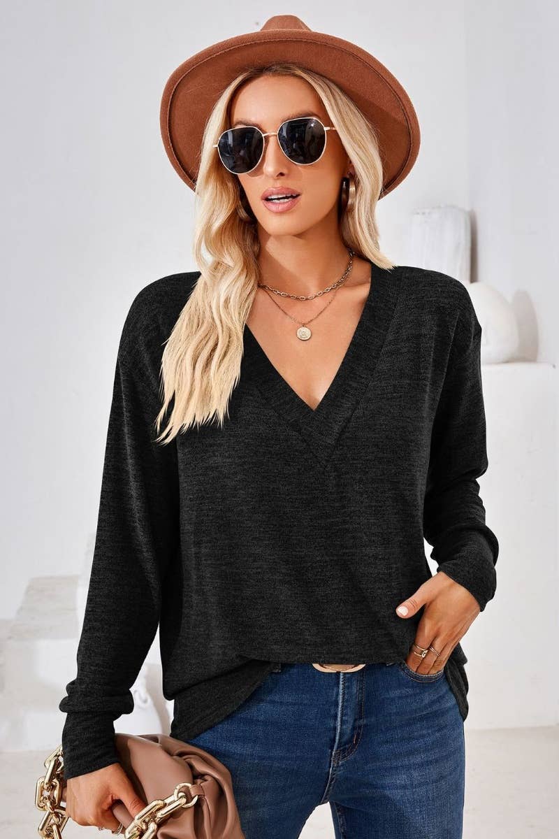 CWTBLL2685_AUTUMN V-NECK LONG SLEEVE SOLID COLOR TOP