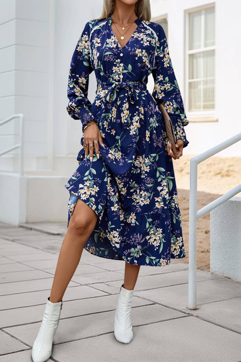 CWDMD01041_V-NECK LONG SLEEVE FLORAL PRINT DRESS