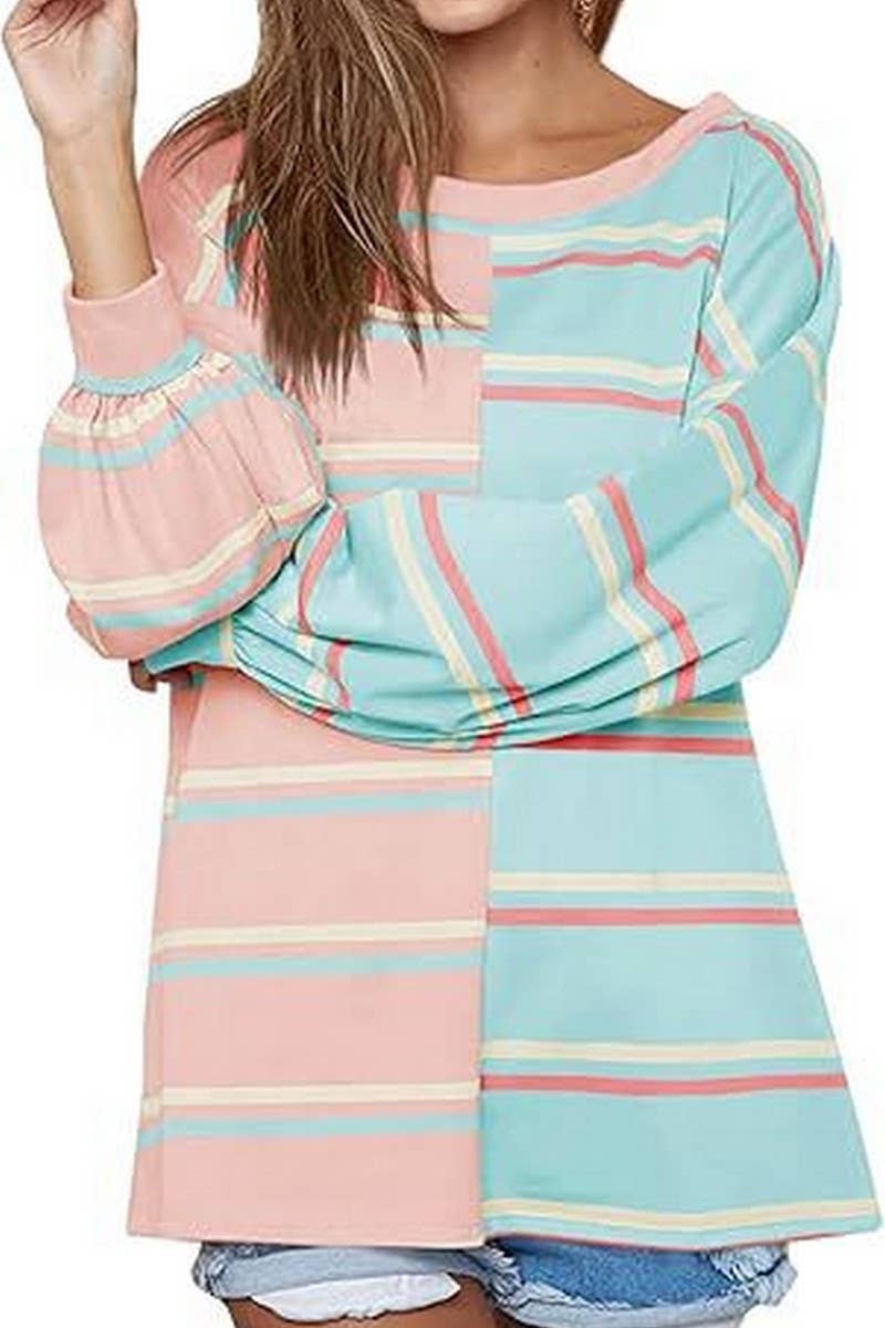 CWTBLL3903_LOOSE CASUAL STRIPED KNIT LONG SLEEVE SWEATSHIRT