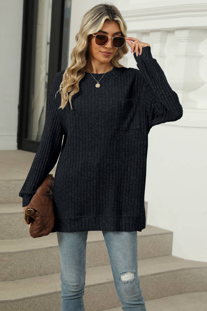CWOSWL6608_WINTER POCKET CREW NECK LONG-SLEEVED SWEATER
