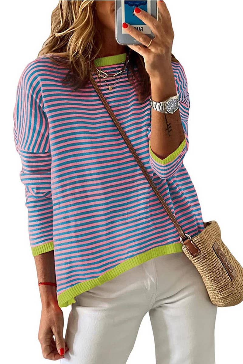 CWTBLL1486_CREW NECK STRIPED CONTRAST KNIT SWEATER