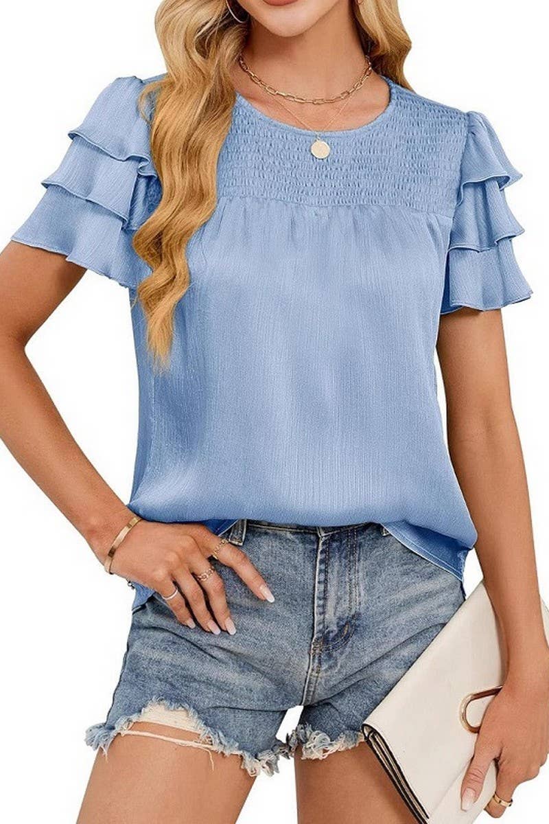 CWTBLS2271_SATIN RUCHED TIERED SHORT SLEEVE CREW NECK TOP
