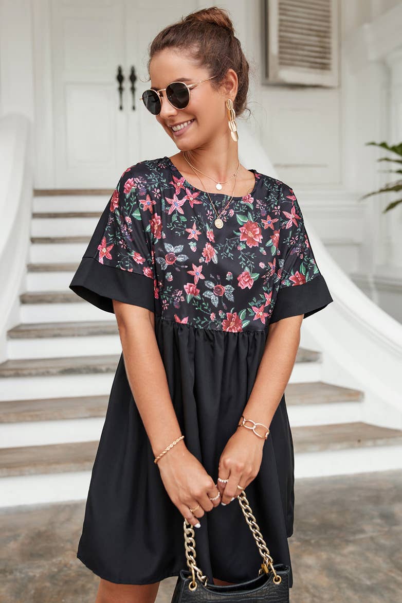 CREW NECK PRINT PATCHWORK LOOSE SHORT DRESS