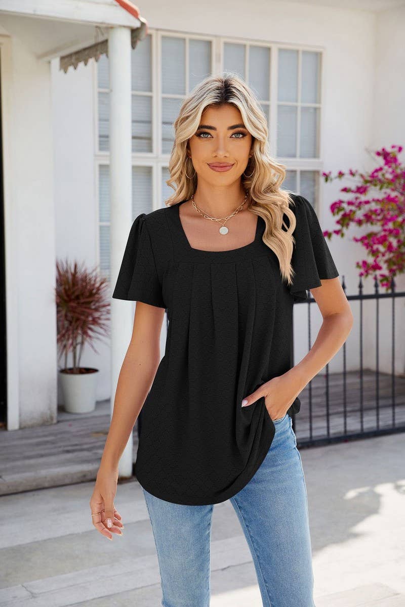 CWTTS0813_Squre Neck Short Ruffle Sleeve Knit Top