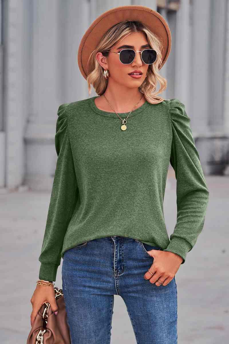 CWTBLL2844_LOOSE CREW-NECK PLEATED LONG-SLEEVED TOP