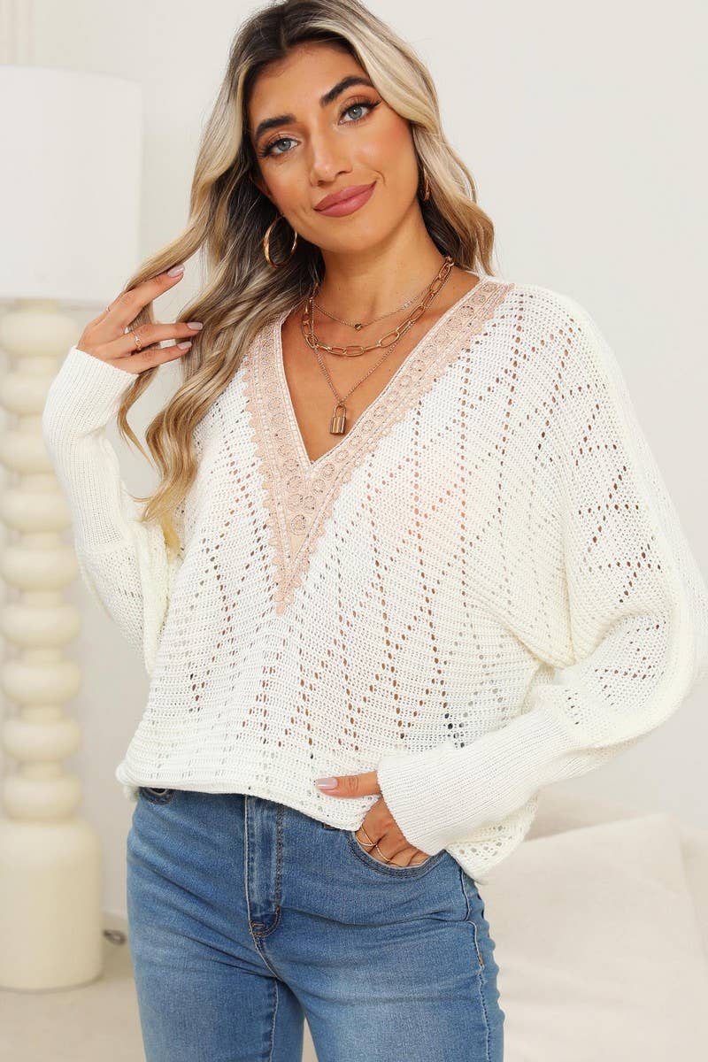 CWOSWL07411_WOMEN LACE V-NECK SLEEVE KNIT SWEATER