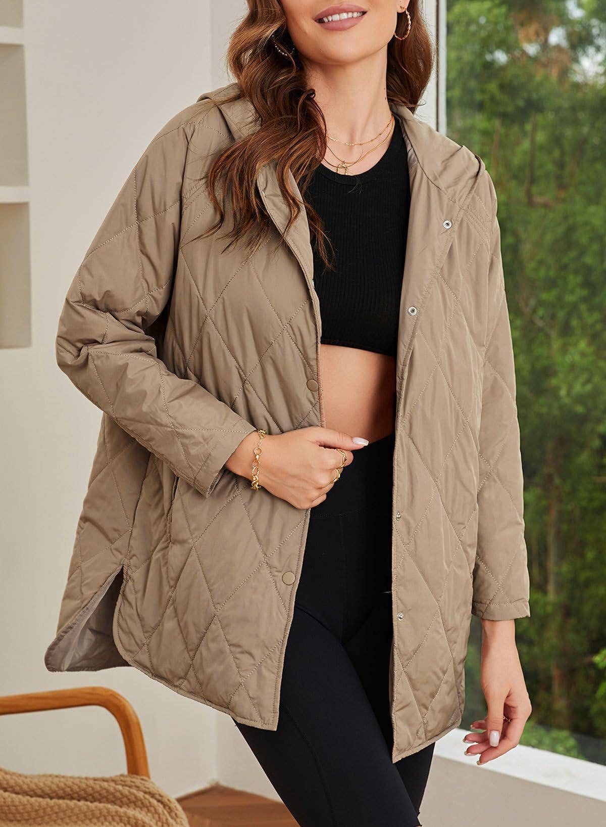 CASUAL QUILTED DIAMOND HOODED LIGHT JACKET