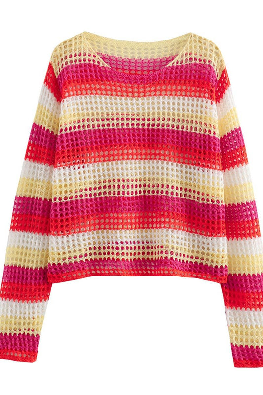 CWOSWL6222_STRIPED LONG SLEEVE HOLLOWED OUT WITH SWEATER