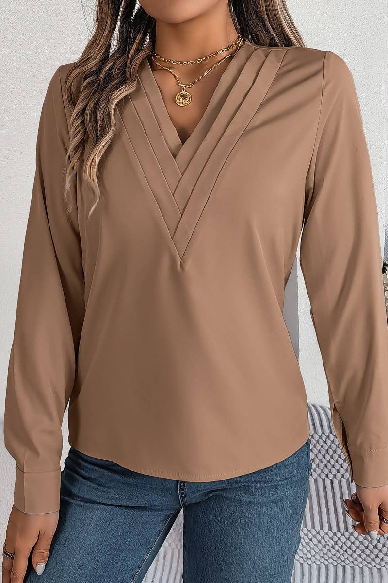 CWTBLL2646_AUTUMN SOLID COLOR V-NECK LONG SLEEVE SHIRT TOP