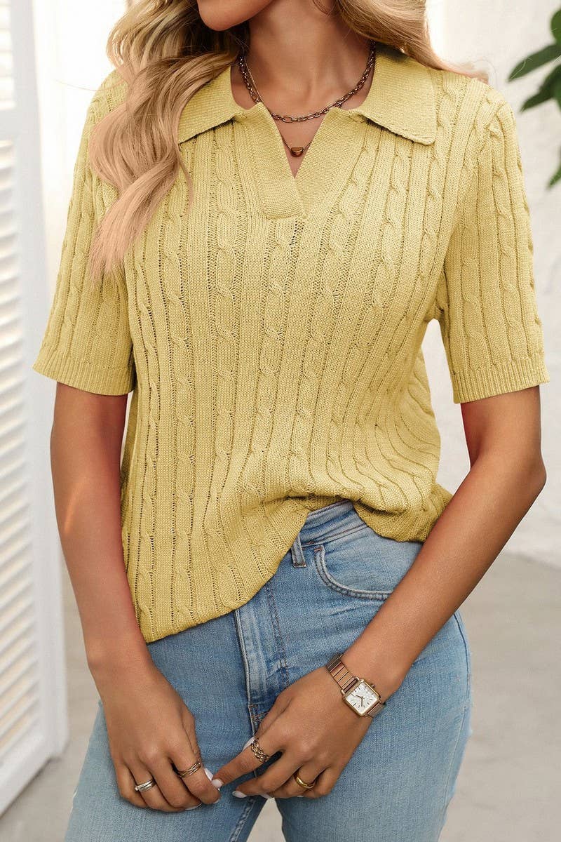 CWOSWS0127_V-NECK LAPEL CABLE-KNIT SHORT-SLEEVED PULLOVER