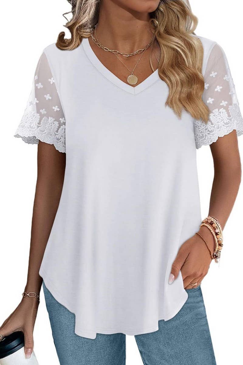 CWTBLS1431_V-NECK LACE STITCHING SHORT-SLEEVED TOP