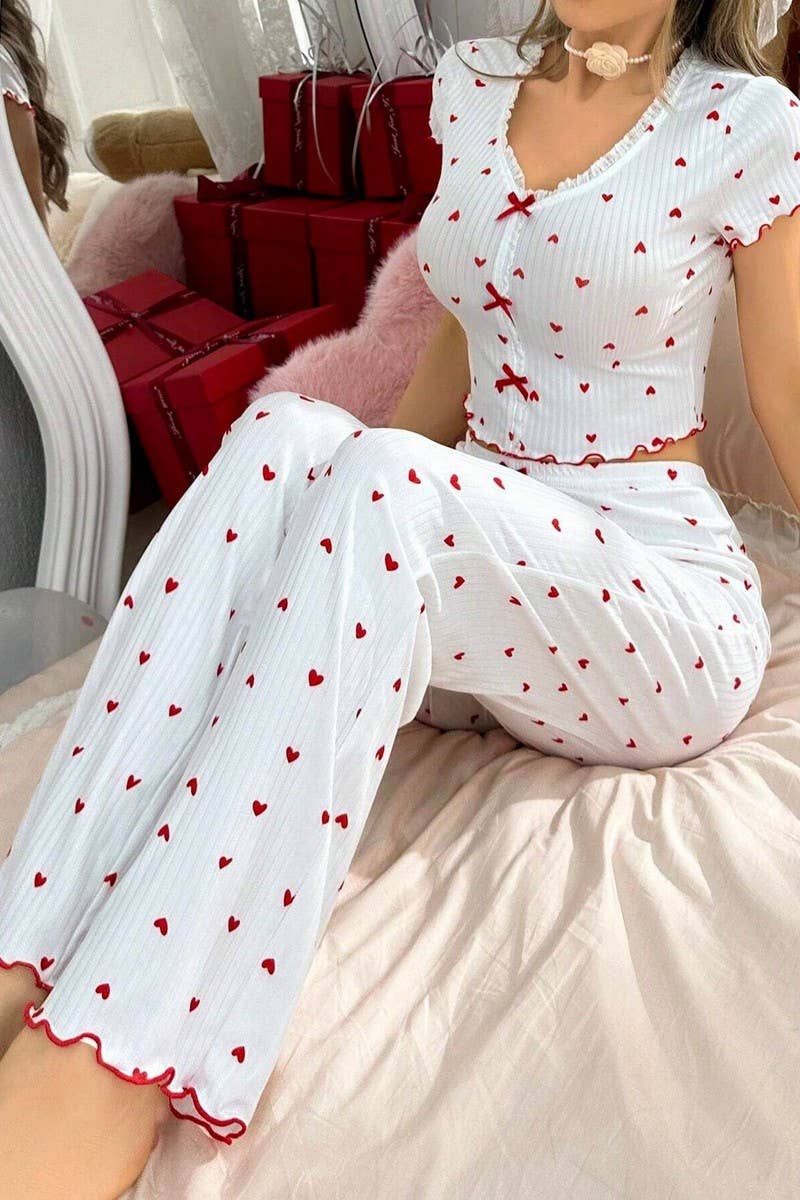 CWSPJ00470_HEART PRINT V NECK SHORT SLEEVE PAJAMA SET