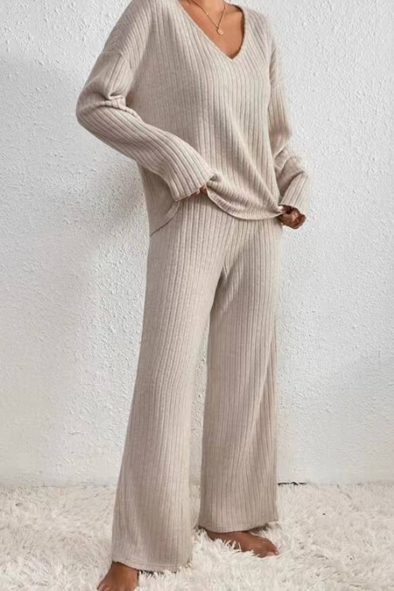 CWSTB1320_V-NECK CASUAL RIBBED BRUSHED LONG-SLEEVED SUIT