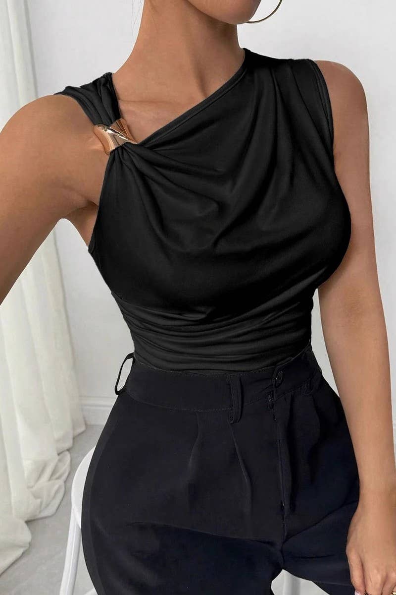 CWTBLSL0868_SLEEK RUCHED SLEEVELESS PULLOVER TANK TOP