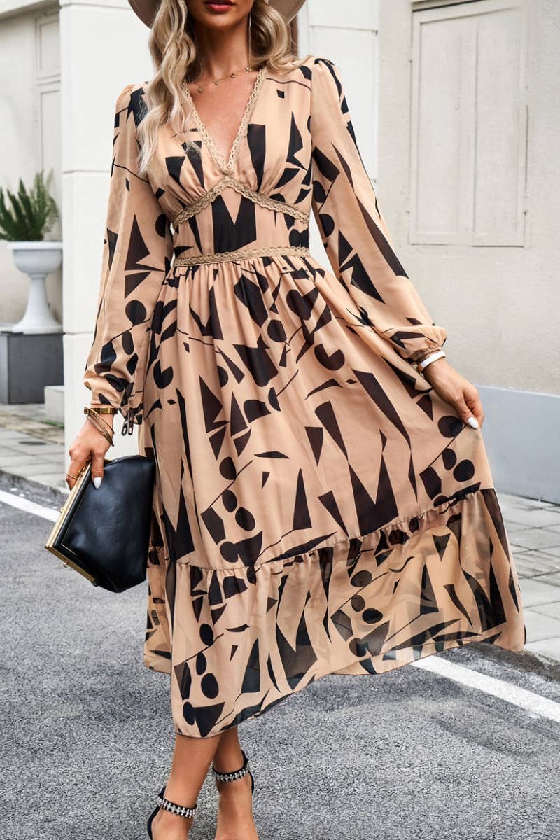 CWDMD3622_AUTUMN CASUAL PRINT V-NECK LONG-SLEEVED DRESS