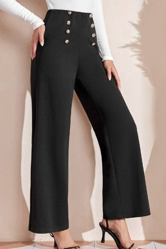 CWBLP2037_ELASTIC WAIST DOUBLE BUTTON WIDE LEG PANTS