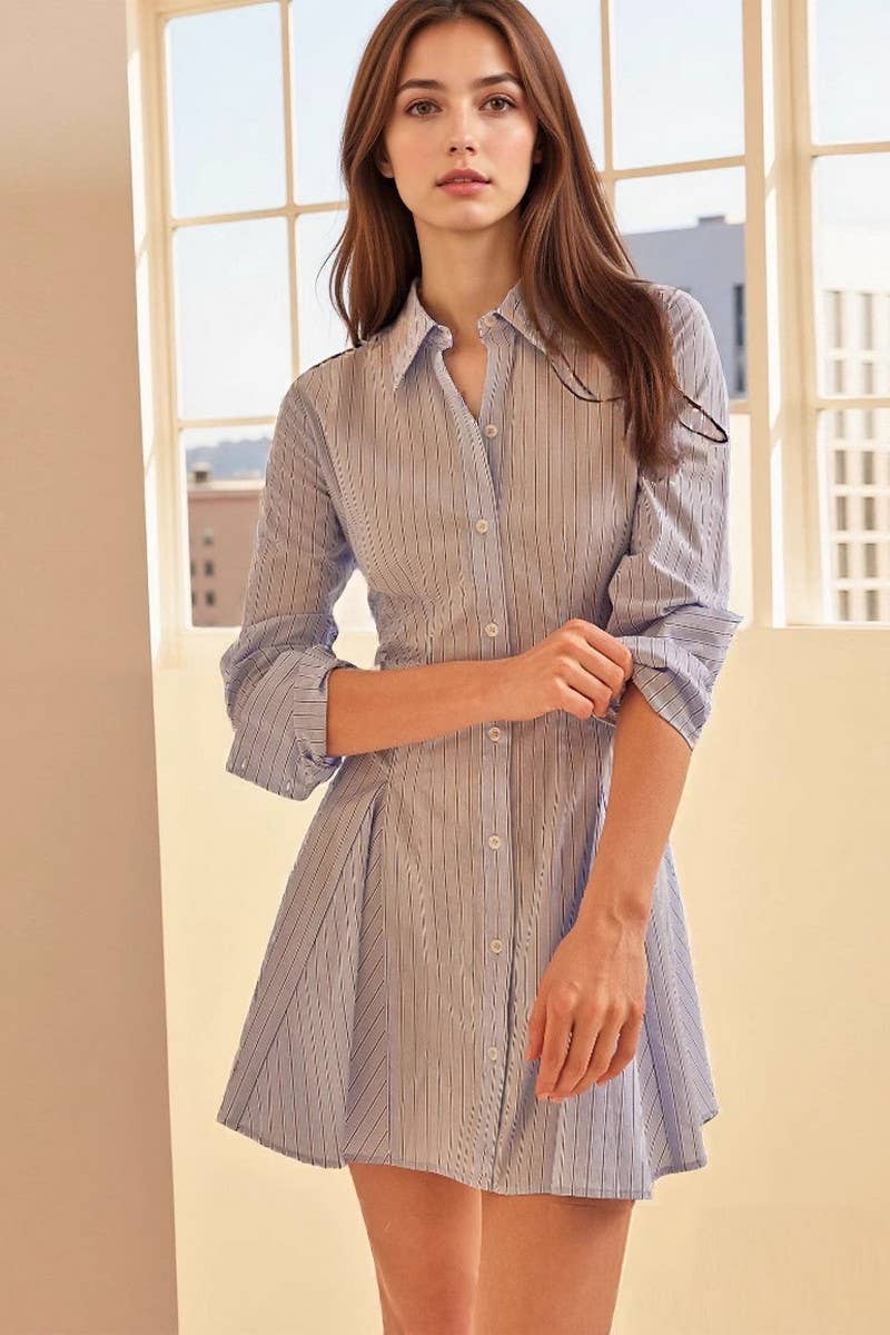 CWTDSL0128_3/4 SLEEVES STRIPED LAPEL PLEATED SHIRT DRESS