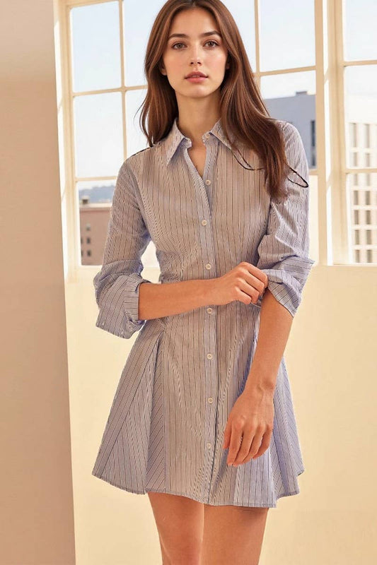 CWTDSL0128_3/4 SLEEVES STRIPED LAPEL PLEATED SHIRT DRESS