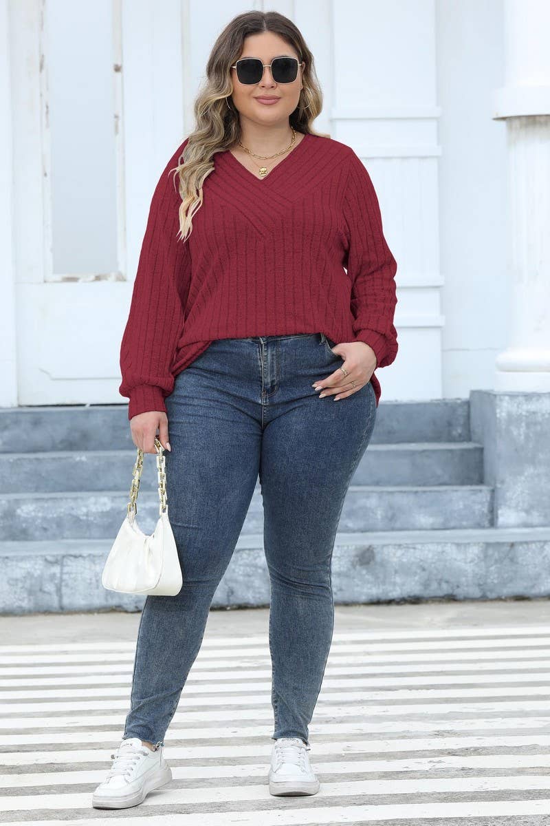 CWTTL1311_PLUS Size V-Neck Long Sleeve Pullover Top