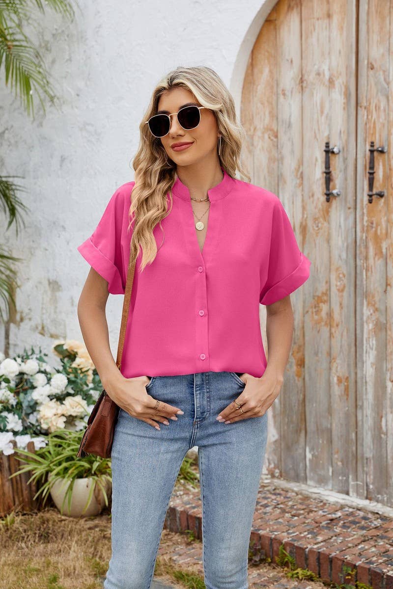 CWTSTS0585_V-NECK BUTTON-DOWN SHORT-SLEEVED CHIFFON SHIRT