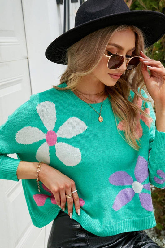 CWOSWL2666_ROUND NECK FLORAL PULLOVER LOOSE KNIT TOP