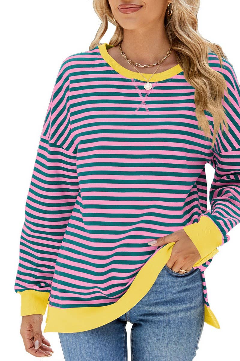 CWTBLL3746_CONTRAST COLOR SLIT LOOSE STRIPED SWEATSHIRT