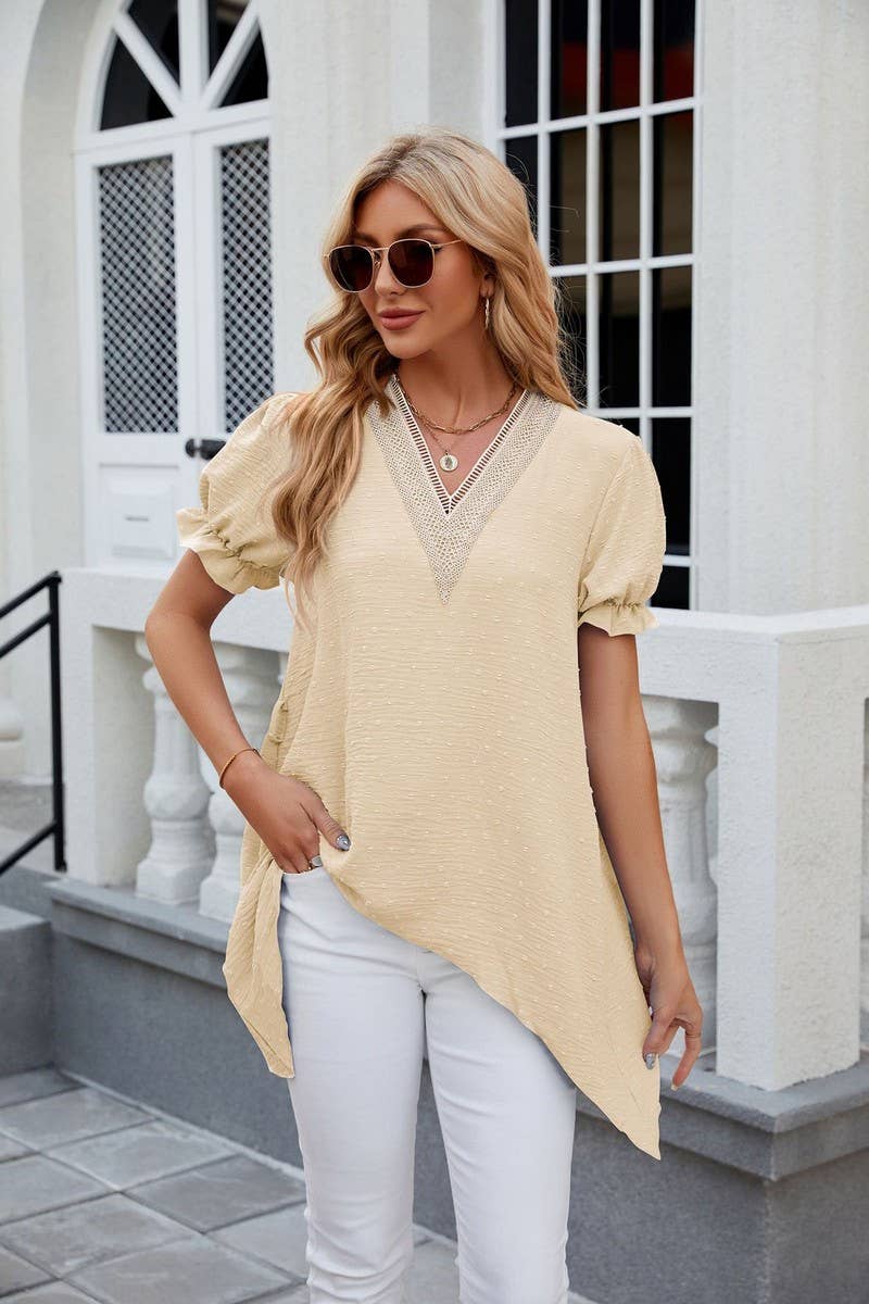 CWTBLS0445_V-Neck Short Sleeve Lace Trim Top