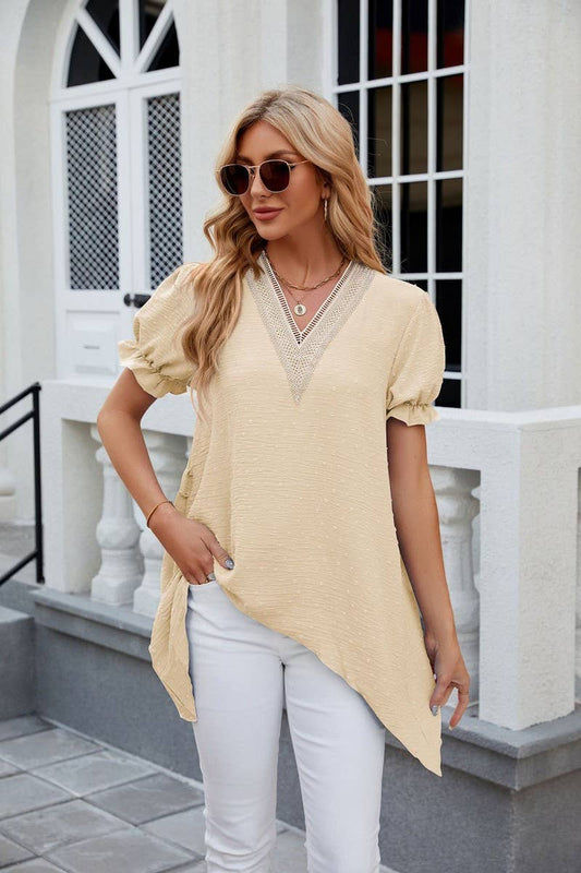 CWTBLS0445_V-Neck Short Sleeve Lace Trim Top