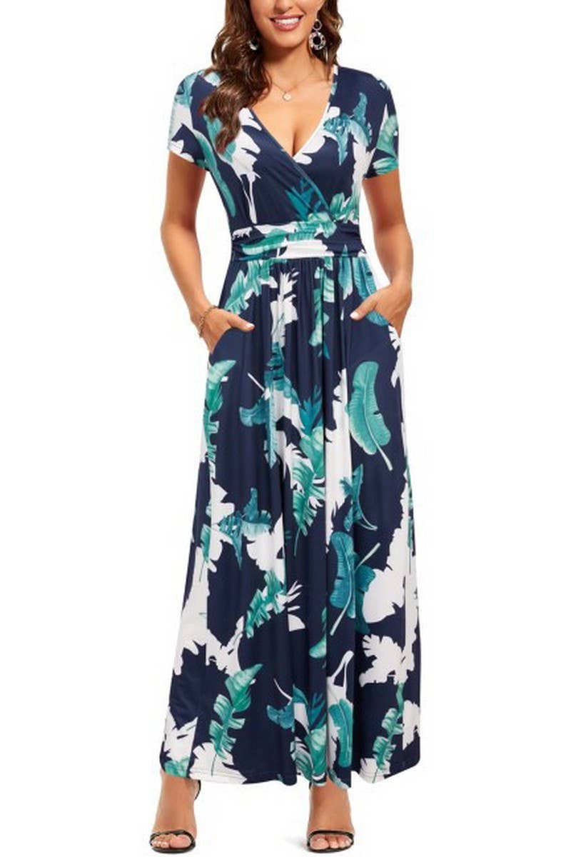 CWDMD01025_PRINTED V-NECK SHORT-SLEEVED POCKET DRESS