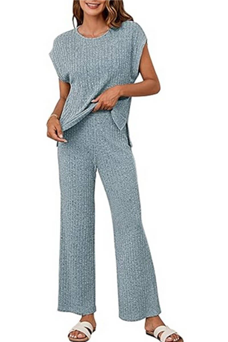 CWSTB1611_STRIPED BRUSHED SLIT TOP AND TROUSERS SET