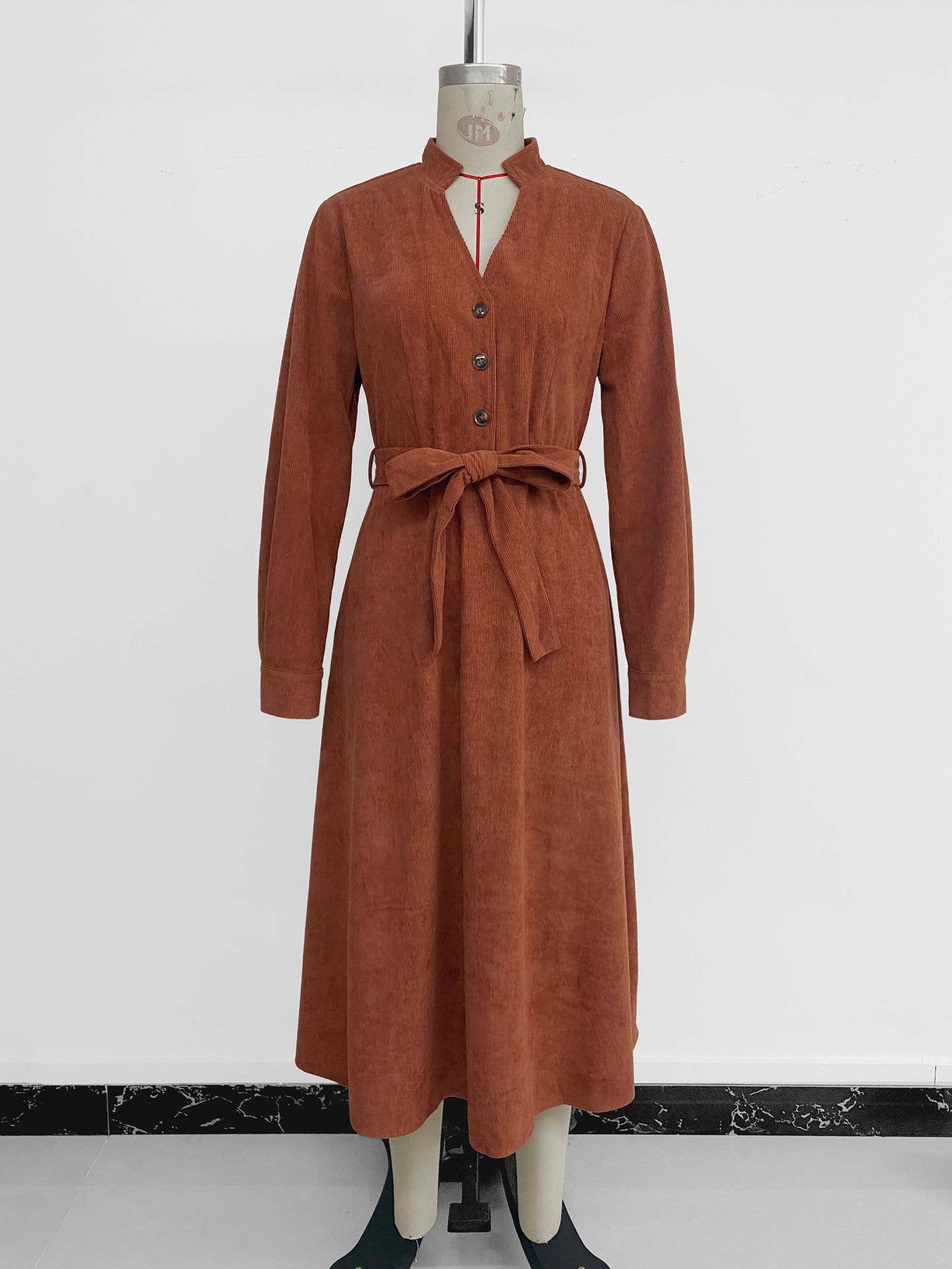 Classic brown corduroy V-neck dress