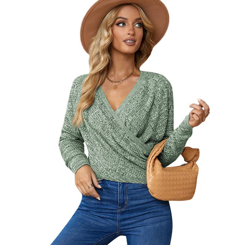 CROSSED V-NECK SOLID COLOR LONG-SLEEVED SWEATER