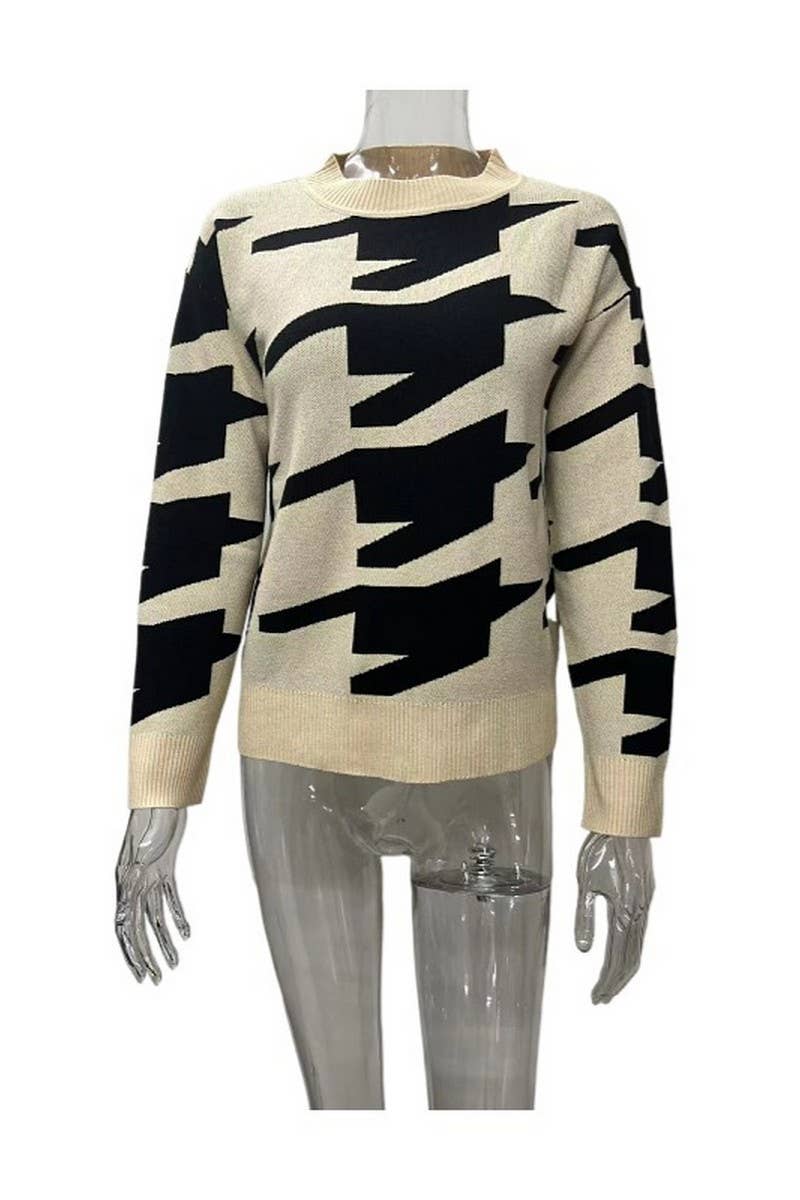 CWOSWL6276_CREW NECK HOUNDSTOOTH KNITTED SWEATER