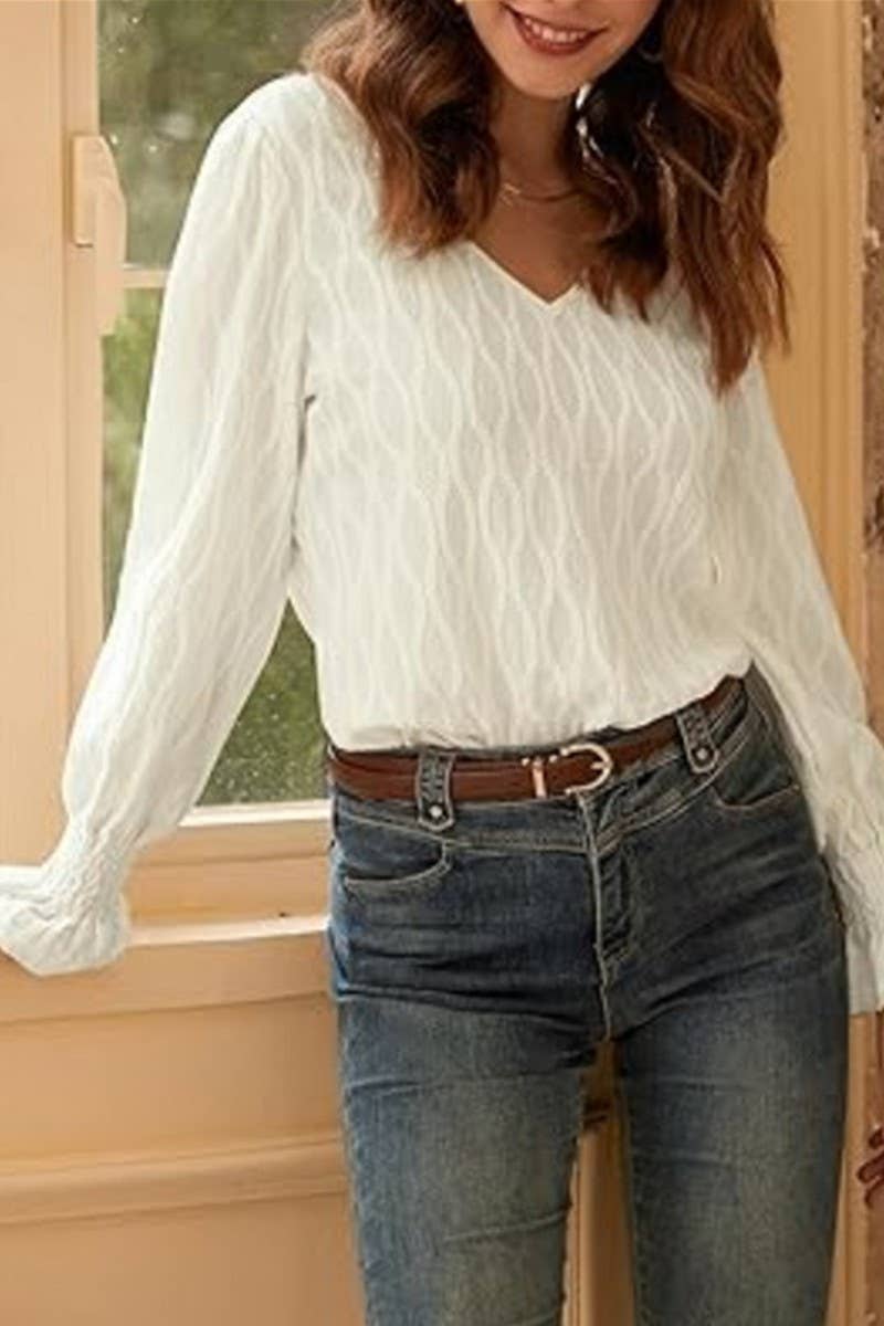 CWTBLL3616_SOLID COLOR V-NECK LONG-SLEEVED T-SHIRT TOP