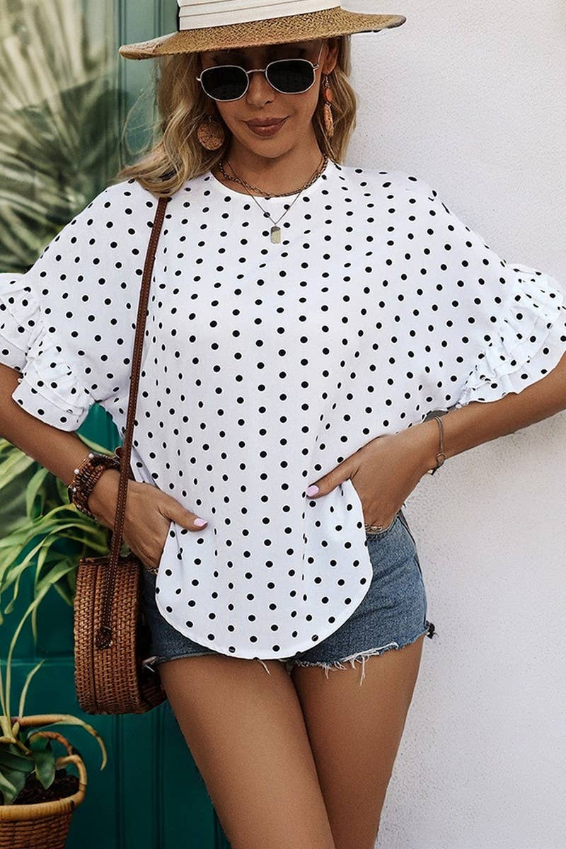 CWTBLS0941_POLKA DOT BAT SLEEVE RUFFLE SHIRT