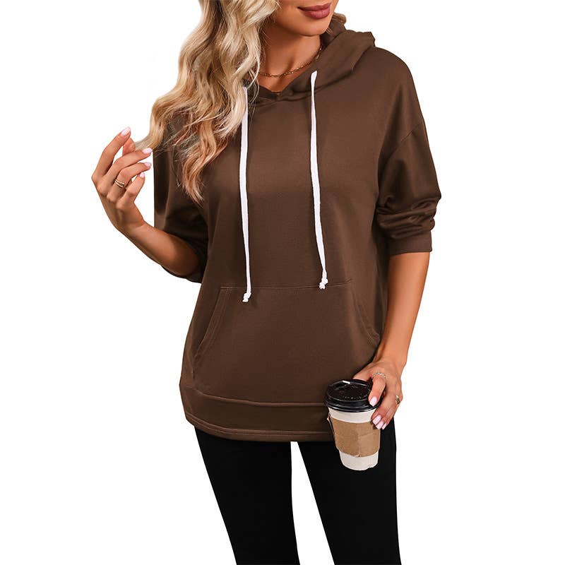 CASUAL WOMEN'S SOLID COLOR POCKET HOODIE
