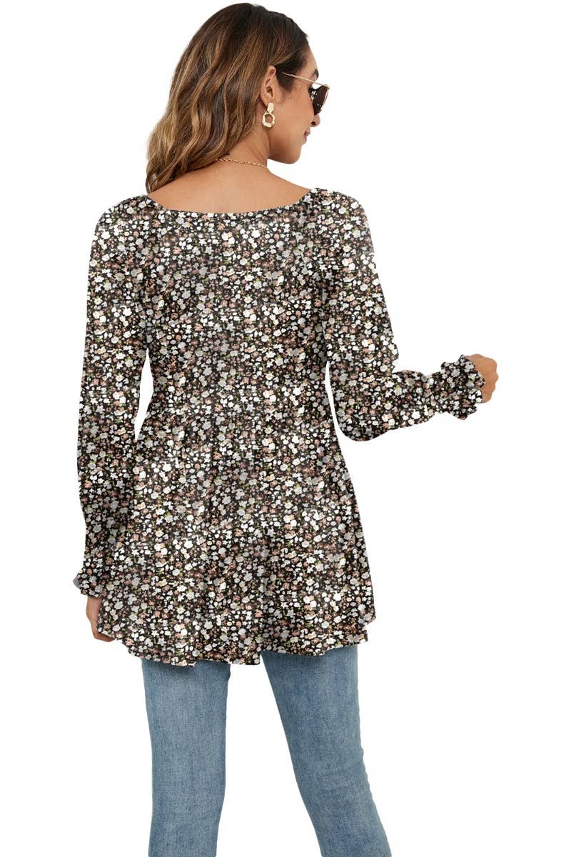 CWTBLL2935_FALL FLOWER BOUQUET WAIST PUFFY SLEEVE TOP