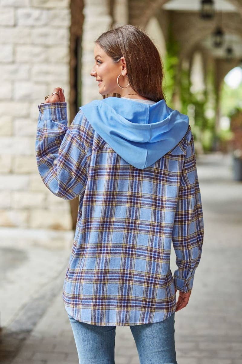 CWTSTL1718_FALL CASUAL LONG-SLEEVED HOODED PLAID SHIRT TOP