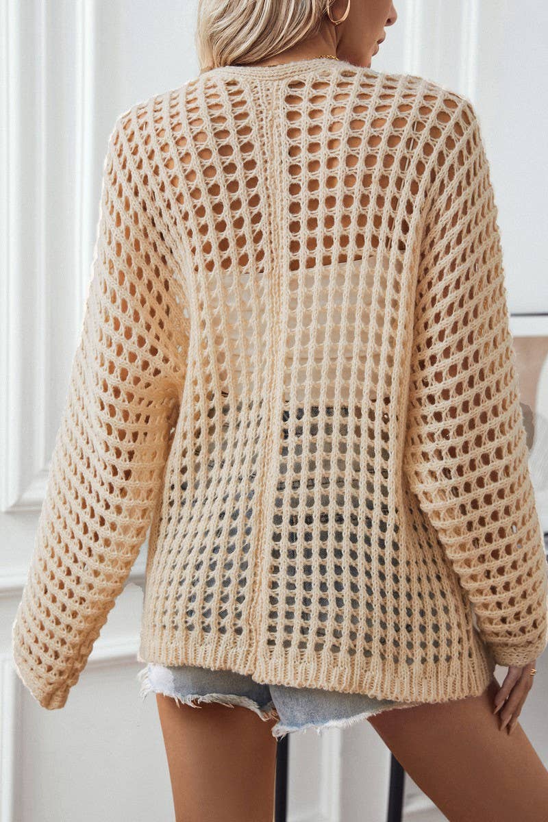 CWOCAL0838_SOLID COLOR HOLLOW LONG-SLEEVED KNITTED CARDIGAN